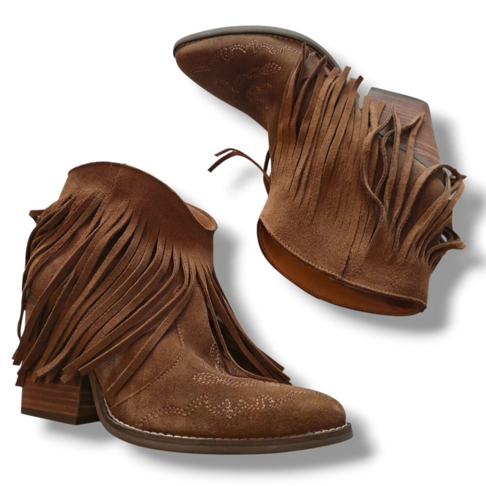 Dingo bootie womens 9M brown ankle fringe pull-on Tangles Cowboy pointed